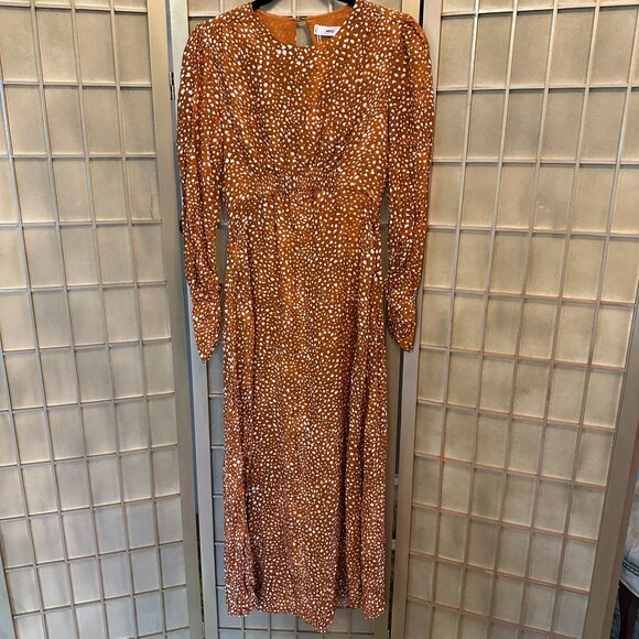 NWT MANGO Long Sleeve Maxi Prairie Tea Dress Orange Animal Print Size 4 / Small - Picture 3 of 12